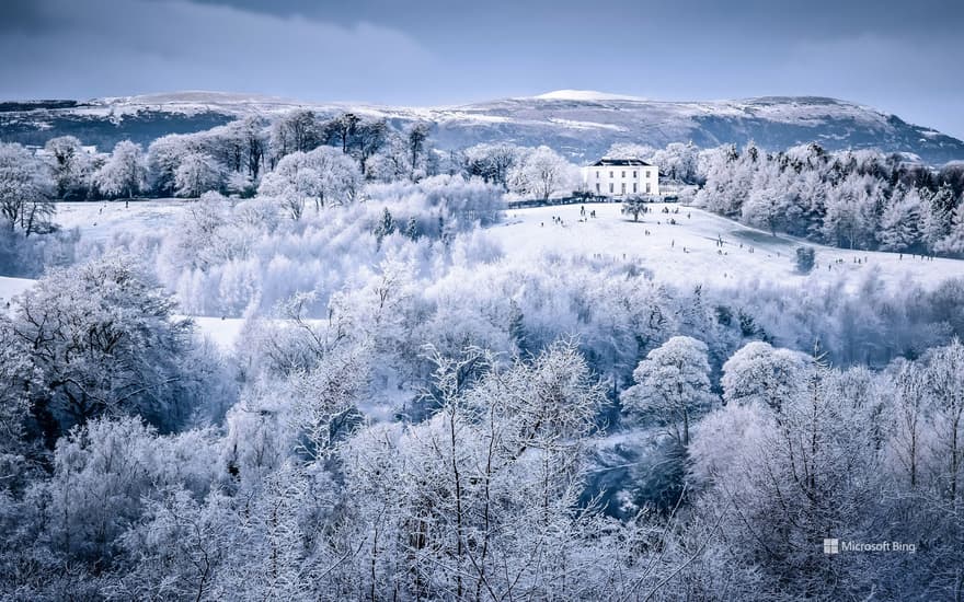 Families play on the snow-covered slopes at Barnett Demesne Park, Belfast, Northern Ireland