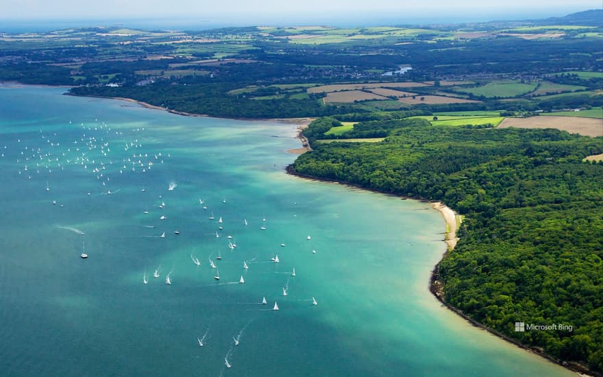 Aerial photo of yachts racing in Cowes Week on the Solent, Isle of Wight, Hampshire