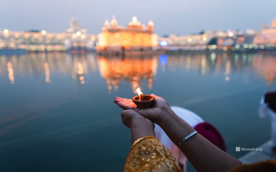 A diya at the Golden Temple during Diwali, Amritsar, India