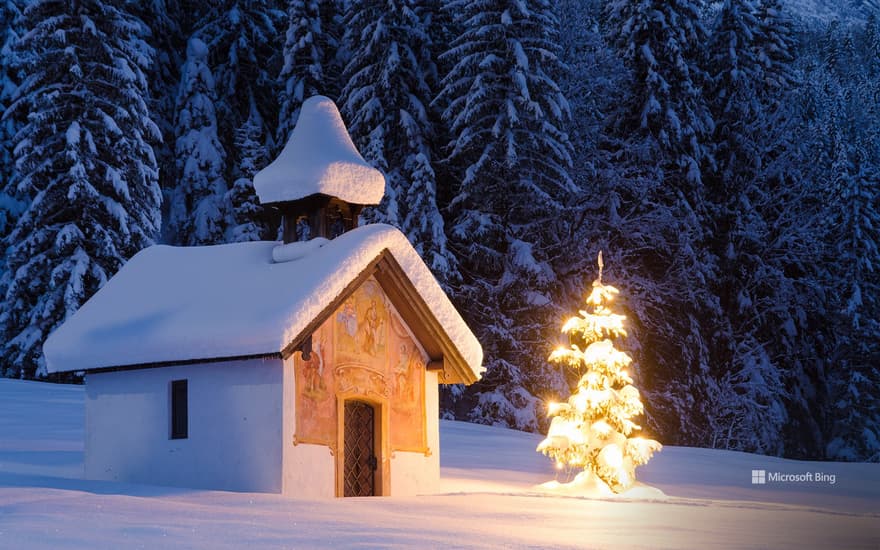 Chapel and Christmas tree in a winter landscape, Elmau, Bavaria