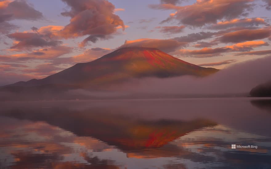 Mt. Fuji and Lake Yamanaka shining in the morning glow, Yamanashi Prefecture