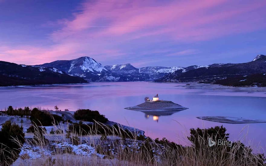 Chapel of St Michel on Lake Serre-Ponçon, Hautes-Alpes, France