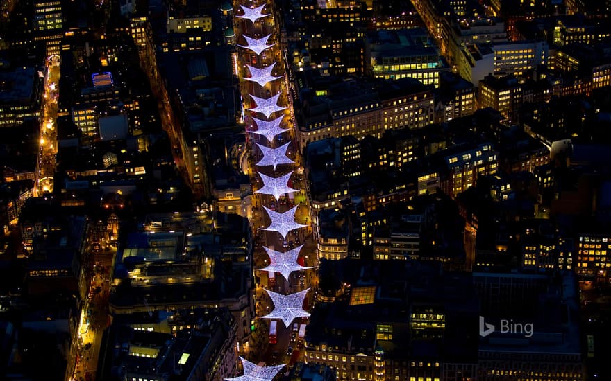 Aerial view of Christmas lights along Regent Street in London