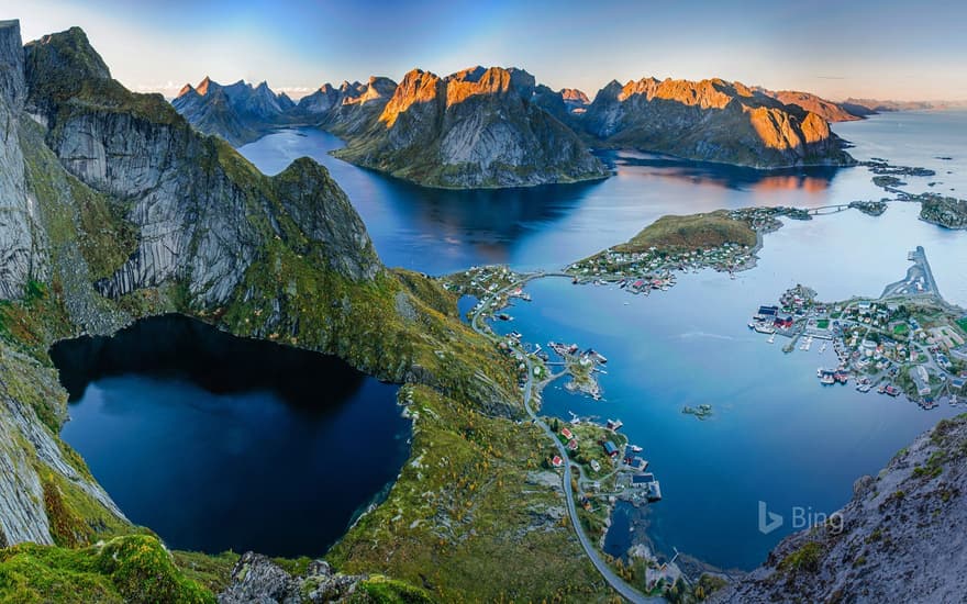 The view from Reinebringen ridge at the village of Reine on Moskenesøya, Norway