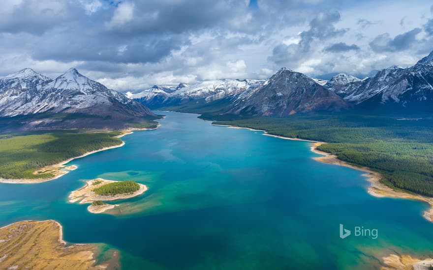 Aerial view of Spray Lakes Reservoir, Mount Assiniboine Provincial Park, Alta.